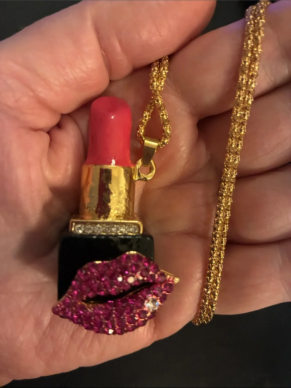 Pink Lipstick Pendant with crystal red lips. White crystal on the bottom lip